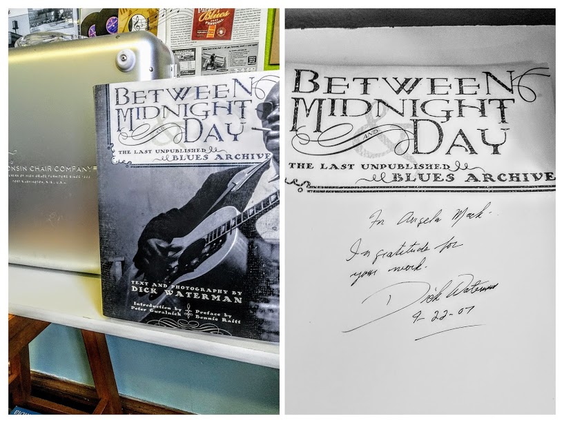 cover of the book Between Night and Day with a note to Angela Mack from Dick Waterman