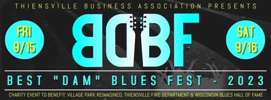 Black yellow and blue logo for the Best Dam Blues Fest 2023 presented by the Thiensville Business Association